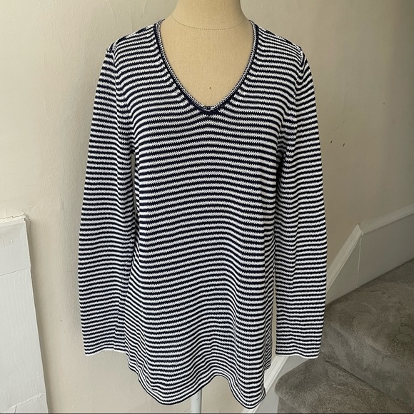 J.McLAUGHLIN Blue/White Striped Havana Yarn Callum Knit V-Neck Sweater EUC Sz M - Picture 1 of 9